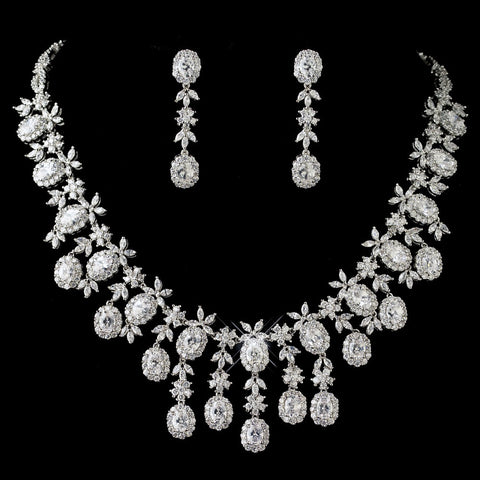 Rhodium Clear Multi Cut CZ Crystal Bridal Wedding Jewelry Set 13046