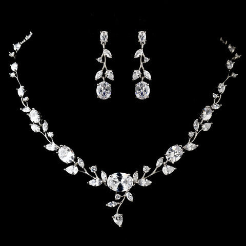 Antique Silver Clear CZ Crystal Bridal Wedding Jewelry Set 1311