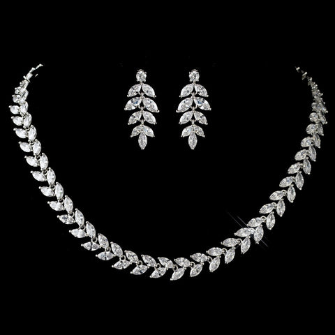 Rhodium Clear Marquise Leaf Chevron Bridal Wedding Jewelry Set 1315