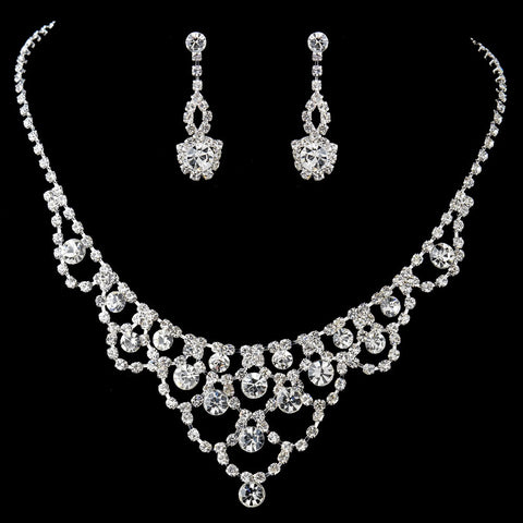 Silver Clear Rhinestone Statement Bridal Wedding Necklace & Earrings Set 13431