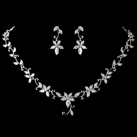 Antique Silver Rhodium Clear CZ Crystal Bridal Wedding Jewelry Set 1403
