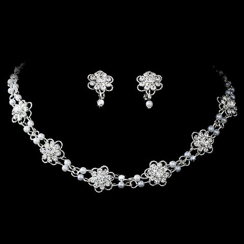 * Silver White Pearl Crystal Choker Bridal Wedding Jewelry Set NE 145