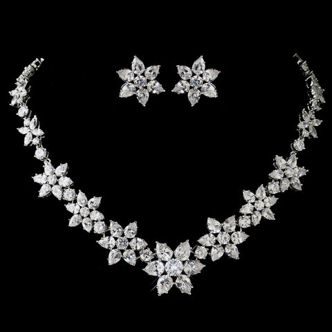 Audrey Hepburn Rhodium Clear Pear & Round Cut Flower Snowflake CZ Crystal Bridal Wedding Jewelry Set 1574