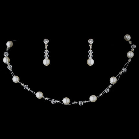 Ivory Pearl Illusion Bridal Wedding Necklace Earring Set 207 Silver