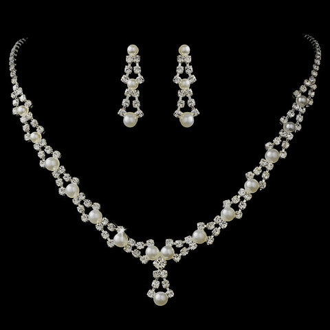 * Silver & White Pearl Bridal Wedding Necklace and Earring Set NE 229