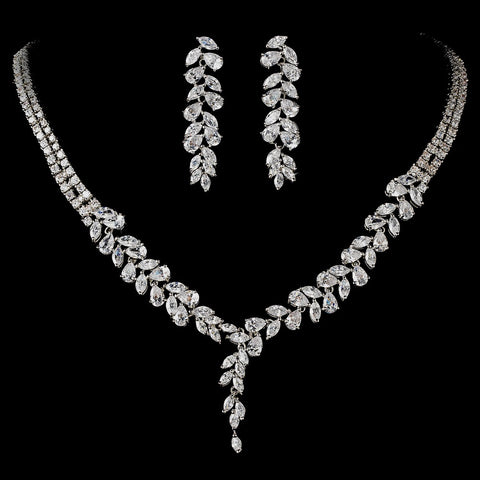 Intricate Cubic Zirconium Crystal Leaf Bridal Wedding Necklace & Earring Bridal Wedding Jewelry Set - NE 2584