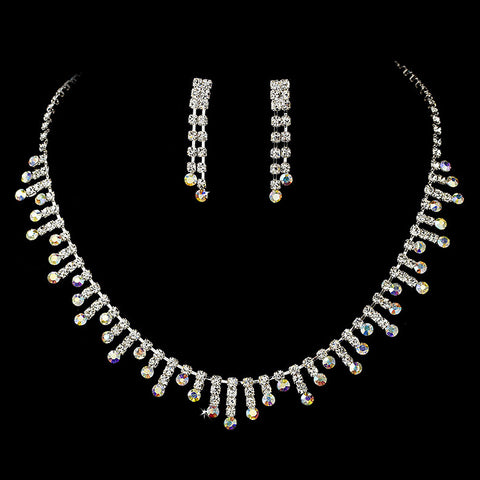 Rhinestone Bridal Wedding Necklace & Earring Set NE 3071 Silver AB