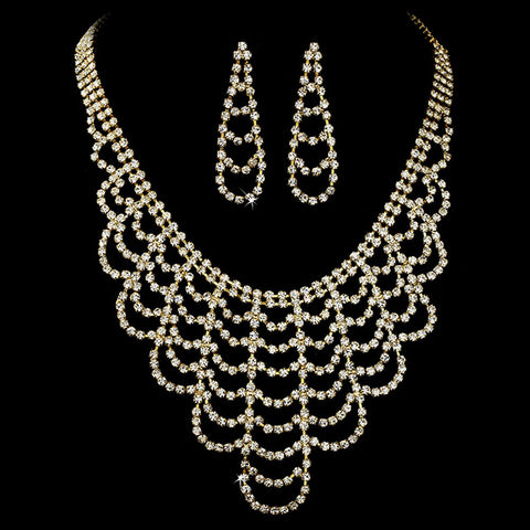 Statement Bridal Wedding Necklace Earring Set 366 Gold Clear