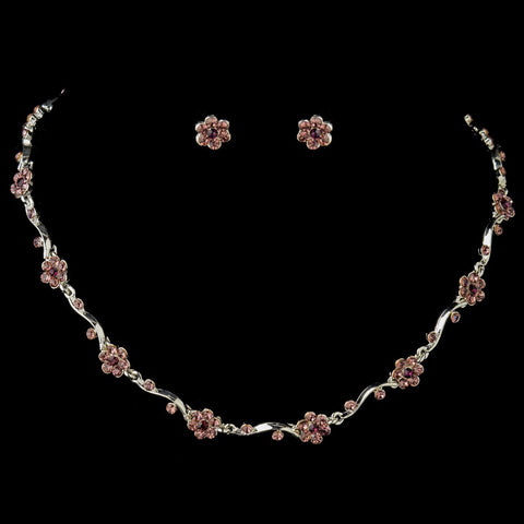 Silver Light Amethyst w/ Dark Amethyst Center Rhinestone Bridal Wedding Jewelry Set 384