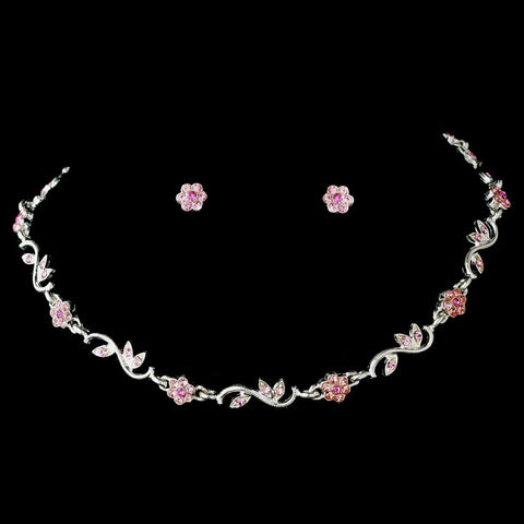 Silver Pink Bridal Wedding Necklace Earring Set 384