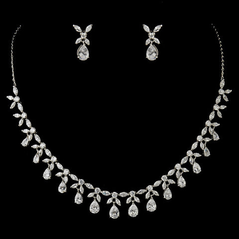 Antique Silver Clear Tear Drop Stone Floral Bridal Wedding Jewelry Set 3858