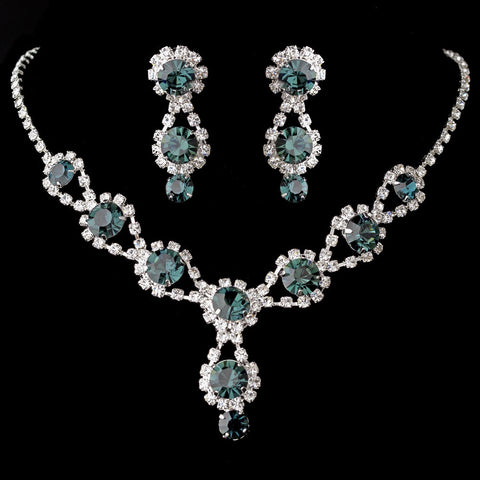 Silver Bridal Wedding Necklace & Earring Set with Navy Blue Crystals and Clear Rhinestones 4362