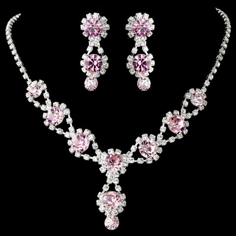 Silver Bridal Wedding Necklace & Earring Set with Light Rose Crystals and Clear Rhinestones 4362