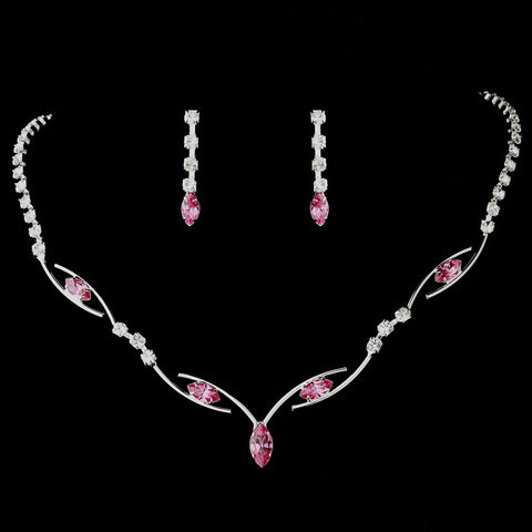 Silver Pink Bridal Wedding Necklace Earring Set 5104