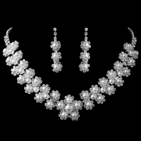 Silver Diamond White Pearl & Rhinestone Floral Bridal Wedding Jewelry Set 7051