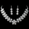 Silver Diamond White Pearl & Rhinestone Floral Bridal Wedding Jewelry Set 7051