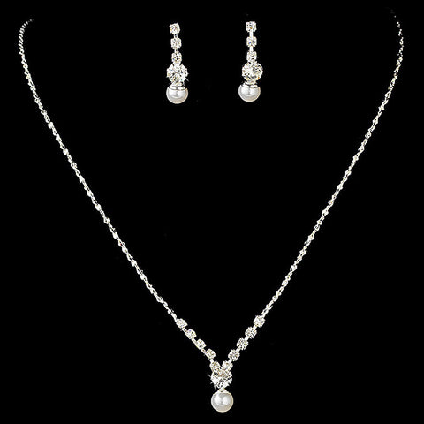 Dainty Pearl & Rhinestone Bridal Wedding Jewelry Set NE 71886 (Silver or Gold)