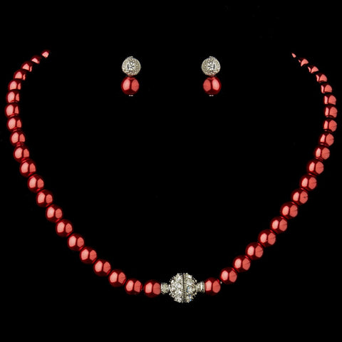 Silver Burgundy Glass Pearl Pave Ball Bridal Wedding Jewelry Set 720