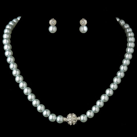Silver Light Blue Glass Pearl Pave Ball Bridal Wedding Jewelry Set 720
