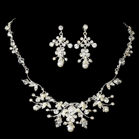 White Pearl & Crystal Bridal Wedding Jewelry 7204 & Bridal Wedding Tiara 7102 Set