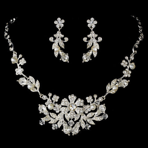 Glamorous Silver White Pearl Bridal Wedding Jewelry Set NE 7211