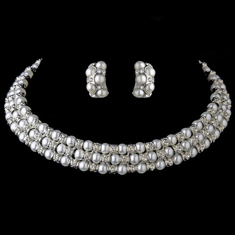 Antique Silver Ivory/White Pearl Coil Bridal Wedding Jewelry Set 723
