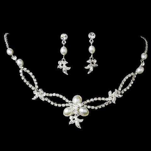 Lovely Silver Clear Rhinestone & White Pearl Jewelry 7329 & Bridal Wedding Headband 7808 Set