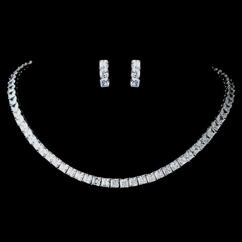 Antique Rhodium Silver Clear Princess Cut CZ Crystal Bridal Wedding Jewelry Set 7746