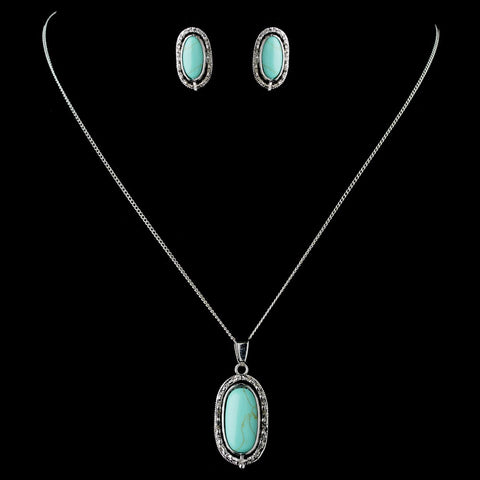Antique Rhodium Silver w/ Black & Turquoise Convertible Stone Bridal Wedding Jewelry Set 7759