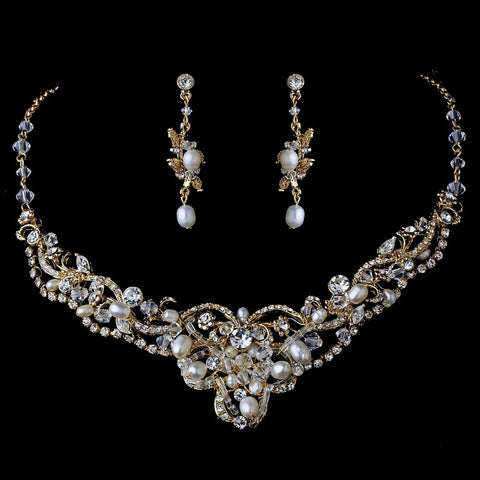 Gold Freshwater Pearl & Crystal Jewelry 7825 & Bridal Wedding Tiara 2596 Set