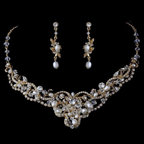 Gold Freshwater Pearl Bridal Wedding Necklace Earring Set NE 7825