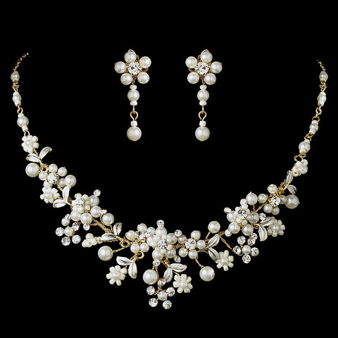 Beautiful Gold Ivory Pearl Bridal Wedding Jewelry 8001 & Bridal Wedding Tiara 8452 Set