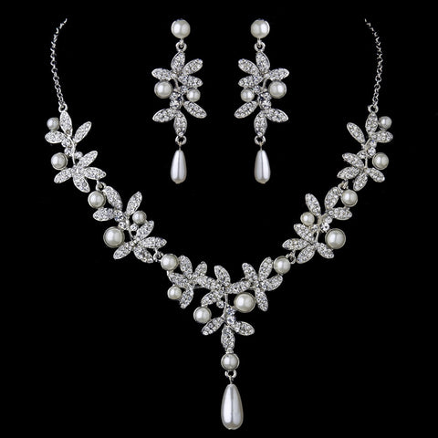 Antique Silver Diamond White Pearl Accents Bridal Wedding Jewelry Set 8017