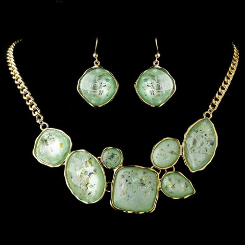 Gold Mint Green Opalescent Moonglass Bridal Wedding Necklace & Earrings Statement Jewelry Set 8159
