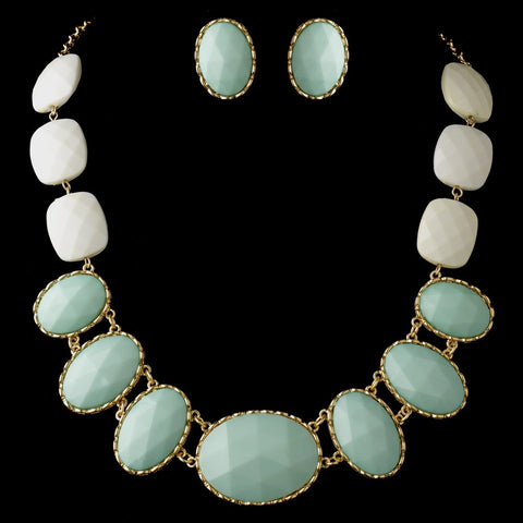 Gold Mint Green Faceted Bead Tribal Fashion Bridal Wedding Necklace & Earrings Statement Jewelry Set 8160