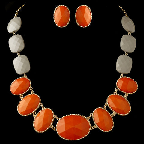 Gold Orange Faceted Bead Tribal Fashion Bridal Wedding Necklace & Earrings Statement Jewelry Set 8160