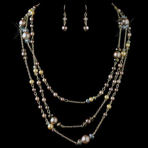 Gold Brown Cream Pearl & AB Rondelle Crystal Fashion Bridal Wedding Jewelry Set