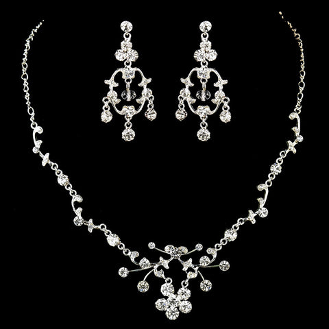 Silver Clear Rhinestone Floral Vine Necklace & Chandelier Earrings Bridal Wedding Jewelry Set 8215