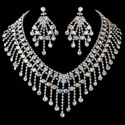 Silver Clear AB Statement Bridal Wedding Necklace Earring Set 8285
