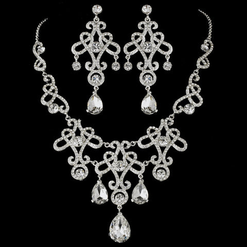 Statement Bridal Wedding Necklace Earring Set 8387 Silver Clear