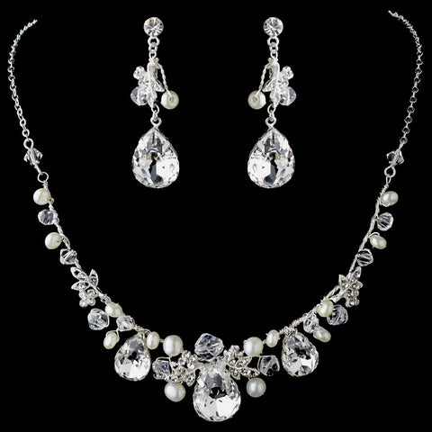 Bridal Wedding Necklace Earring Set 8388 Silver Ivory