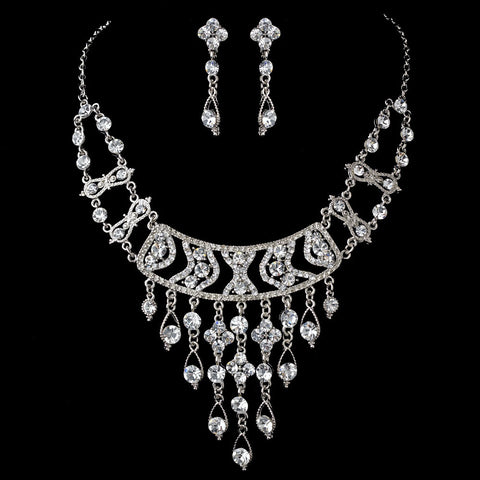 * Silver Clear Statement Bridal Wedding Necklace Earring Set 8448