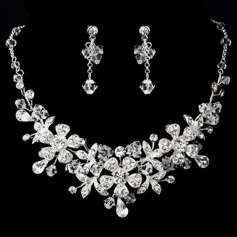 Charming Silver Clear Crystal Flower Bridal Wedding Necklace & Earring Set 8472