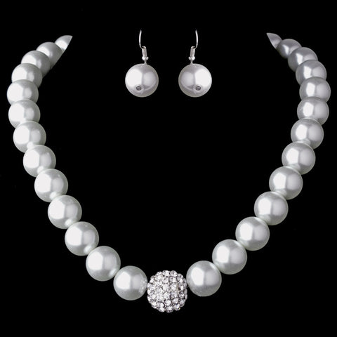 Silver Clear Crystal and Pearl Bridal Wedding Necklace Earring Set 8545 (White or Ivory)