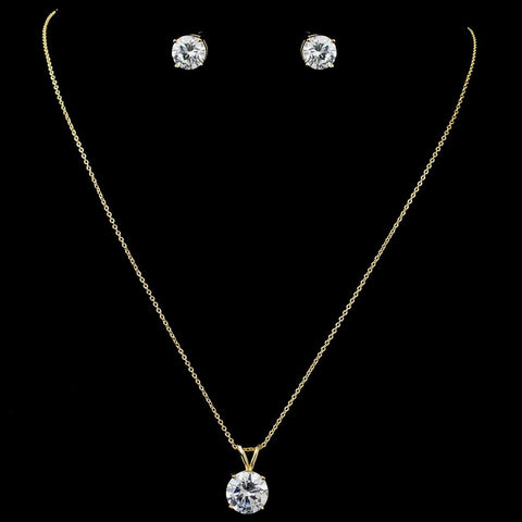 Gold Clear Round CZ Pendant Bridal Wedding Jewelry Set 8598