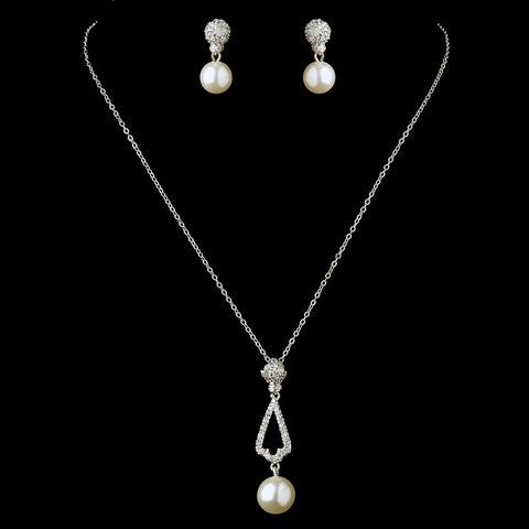 Antique Silver Ivory Pearl & Rhinestone Bridal Wedding Jewelry Set 8599