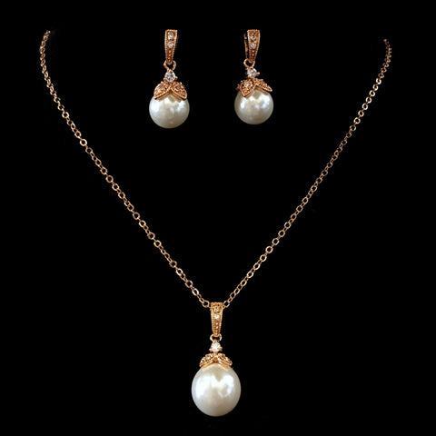Rose Gold White Pearl & CZ Pendant Bridal Wedding Jewelry Set 8602