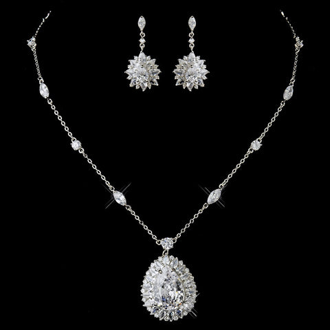 Silver Clear CZ Crystal Flower Bridal Wedding Jewelry Set 8609