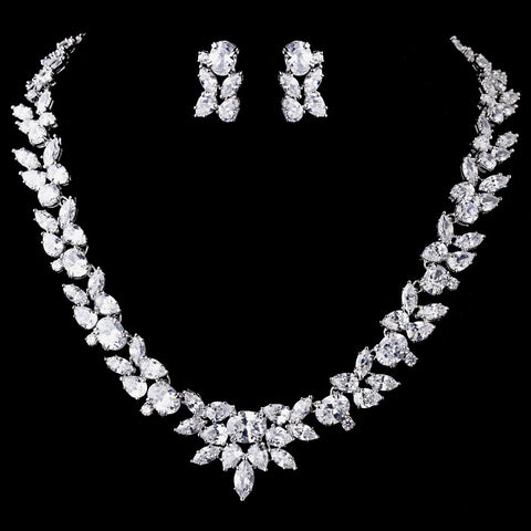 Silver Clear CZ Bridal Wedding Necklace & Earring Set 8612