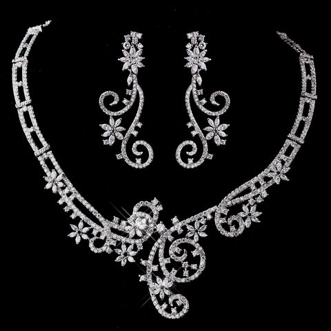 Silver Clear CZ Bridal Wedding Necklace & Earring Set 8620
